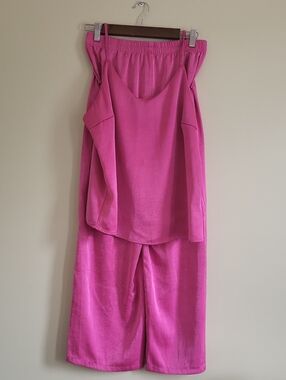 Two-Piece Satin Lounge Set, XL, Wide Leg Pants & Camisole In Hot Pink